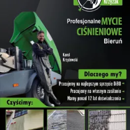 Reklama firmy DiBO Krzyżak z Bierunia oferującej profesjonalne mycie ciśnieniowe, prezentująca logo, zdjęcie właściciela obok maszyny czyszczącej oraz przykłady umytych elewacji, bruku i dachu.