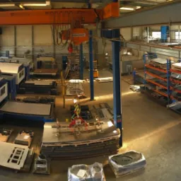 Widok z góry na halę produkcyjną z maszynami do obróbki metalu, suwnicą, regałami z arkuszami blach i pracownikiem w żółtej kamizelce podnoszącym arkusz blachy za pomocą przyssawki.