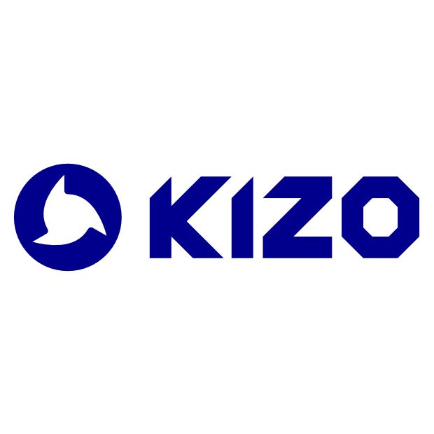 Niebieskie logo firmy KIZO z abstrakcyjnym symbolem w okręgu i geometryczną typografią na białym tle.