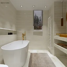 Jasna łazienka z wolnostojącą wanną, złotą armaturą i drewnianą umywalką na półkach z beżowego marmuru