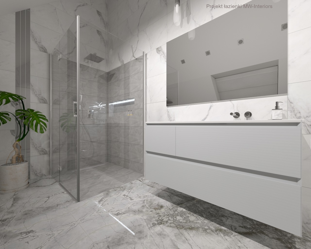 Nowoczesna łazienka z kabiną prysznicową typu walk-in, marmurowymi płytkami na ścianach i podłodze, oraz białą szafką pod umywalką z dużym lustrem. Roślina doniczkowa w rogu pomieszczenia dodaje...