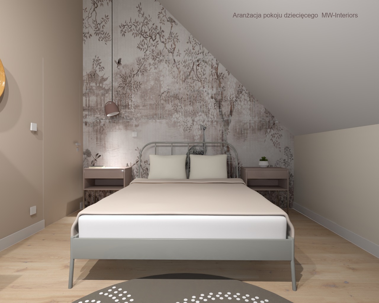 Pokój dziecięcy na poddaszu z łóżkiem o metalowej ramie, wzorzystą tapetą w stylu orientalnym, drewnianą podłogą i okrągłym dywanem w kropki.