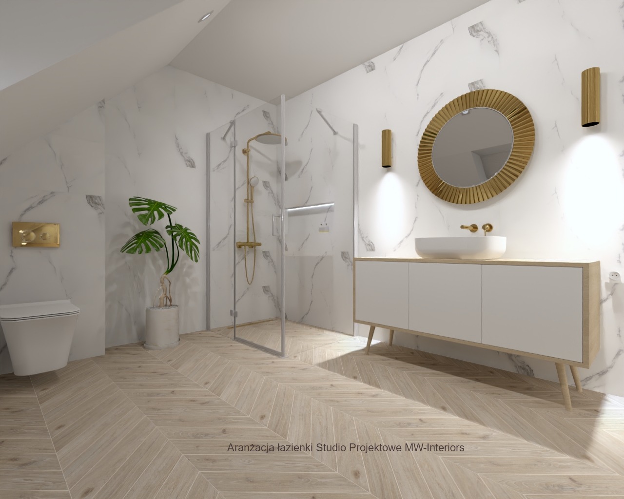 Wizualizacja łazienki: kabina prysznicowa ze złotą armaturą, umywalka nablatowa na szafce z jasnego drewna, okrągłe lustro w złotej ramie, marmurowe ściany, podłoga z parkietu ułożonego w jodełkę...