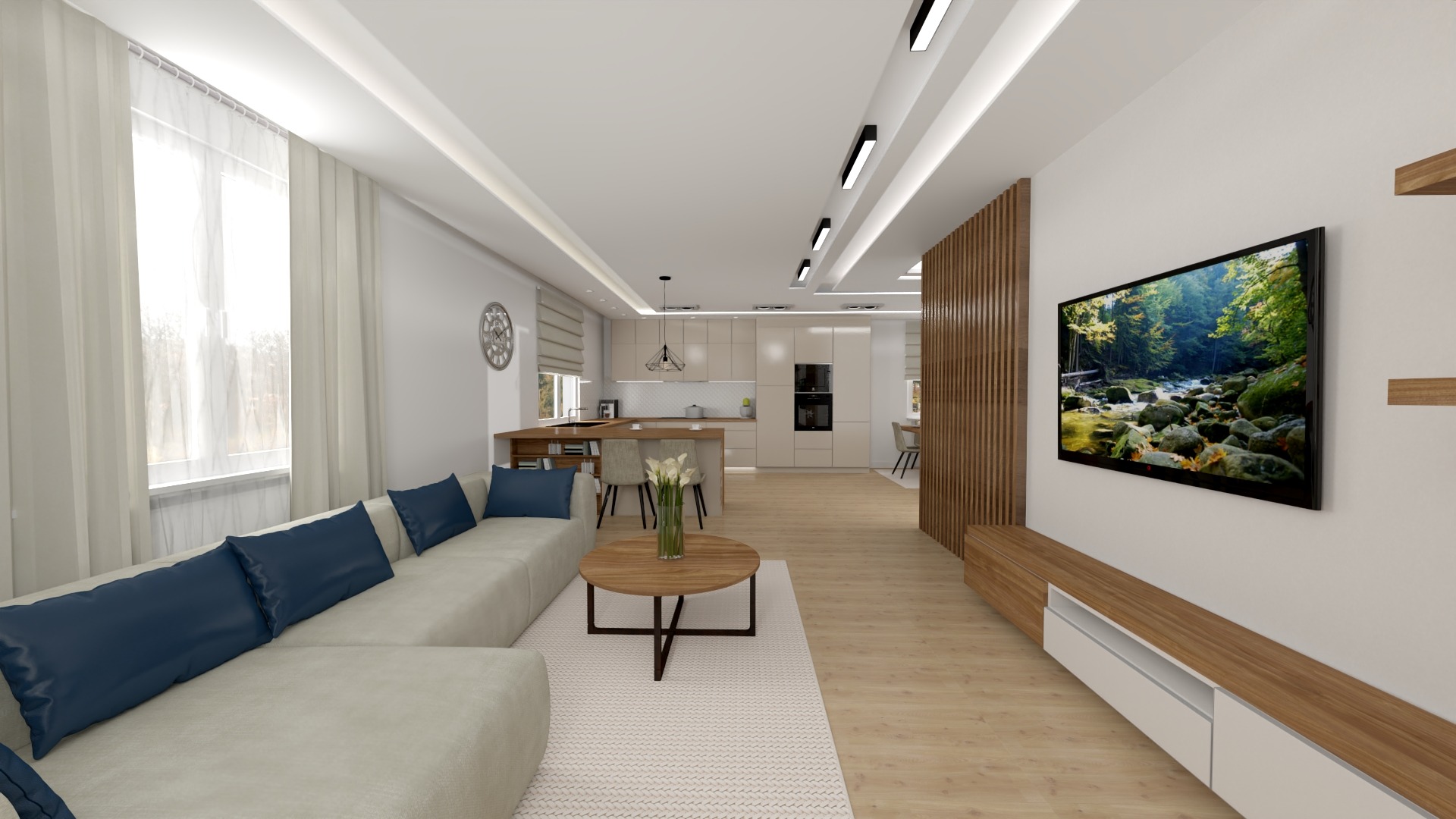 Wizualizacja przestronnego salonu z otwartą kuchnią, beżowa sofa z granatowymi poduszkami, okrągły stolik kawowy z białymi kwiatami, telewizor z widokiem na las, drewniana ażurowa ścianka działowa.