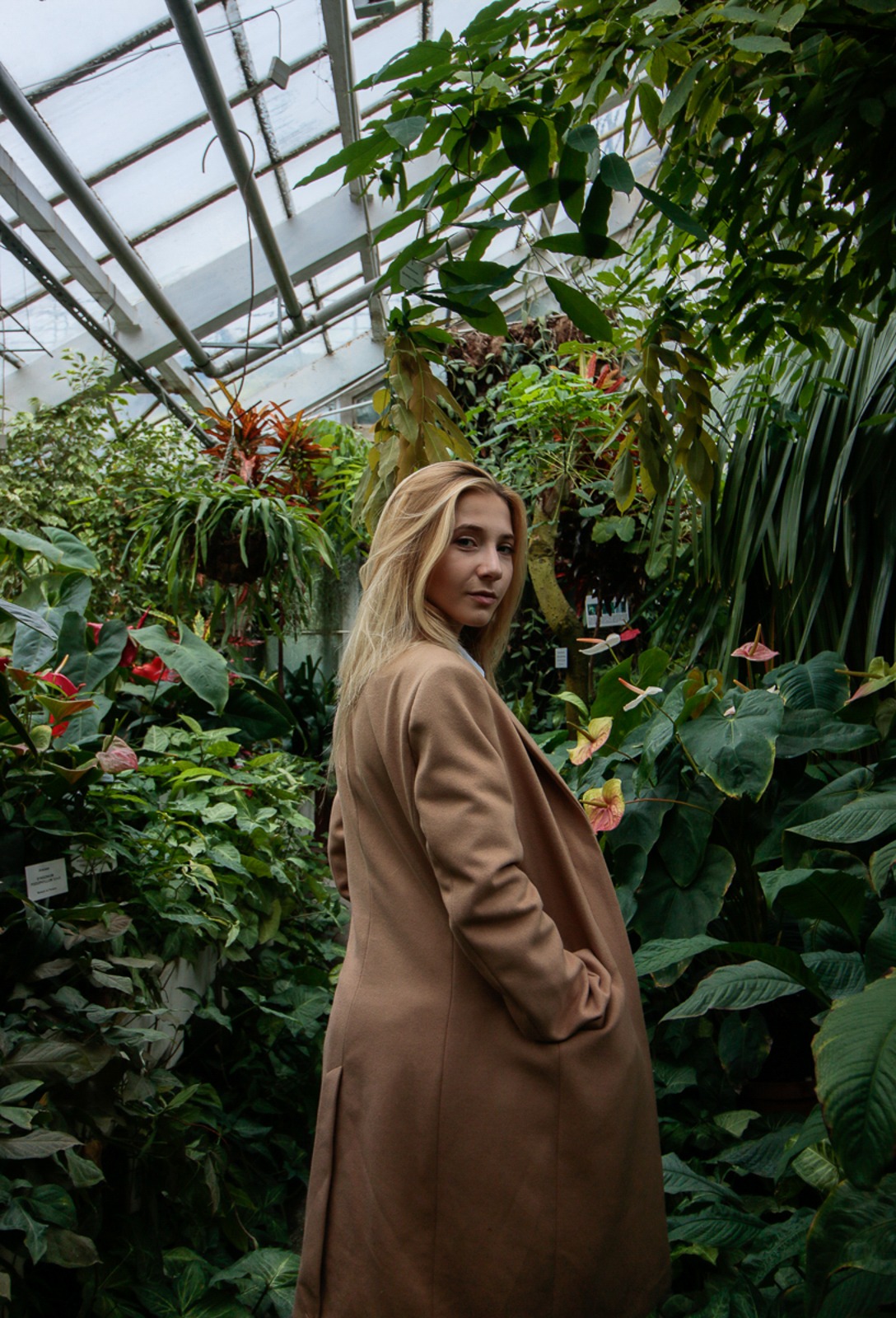 Kobieta w płaszczu pozuje w szklarni pełnej tropikalnych roślin, odwrócona tyłem do obiektywu, spogląda przez ramię.