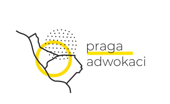 Minimalistyczne logo kancelarii prawnej 'Praga Adwokaci' z obrysem mapy, żółtym okręgiem i linią, oraz rastrem kropek na białym tle.