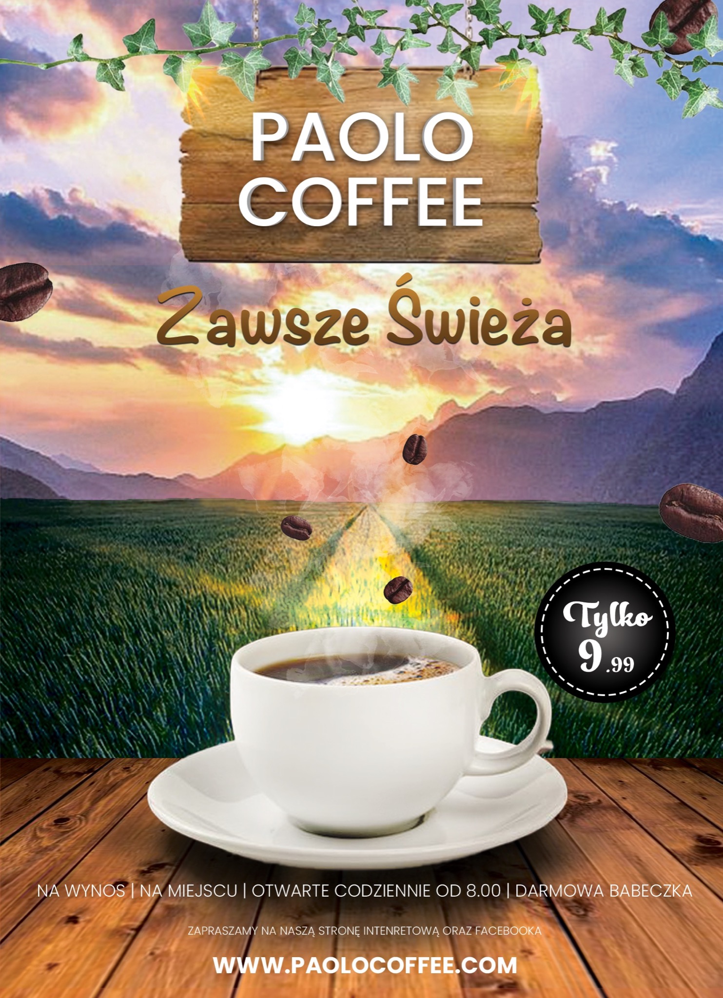 Kreatywna reklama Paolo Coffee z filiżanką kawy na pierwszym planie, ziarnami kawy unoszącymi się w powietrzu i tłem z krajobrazem łąki prowadzącej do gór o zachodzie słońca, z drewnianym szyldem...
