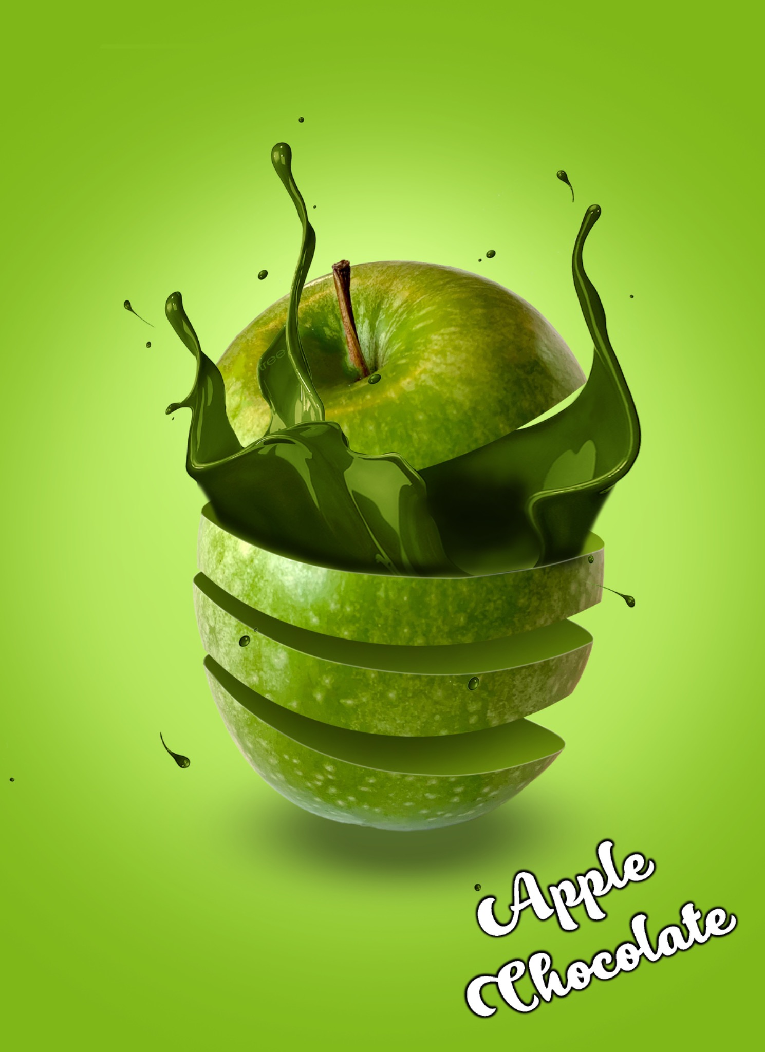 Zielone jabłko pokrojone w plastry, oblane zieloną polewą, na jednolitym zielonym tle, z napisem 'Apple Chocolate' w prawym dolnym rogu.