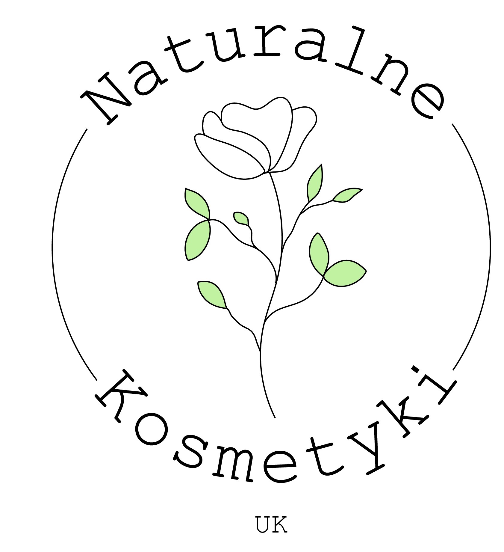 Logo firmy z Gdańska oferującej naturalne kosmetyki, przedstawiające stylizowany rysunek kwiatu z napisem 'Naturalne Kosmetyki' w okręgu.