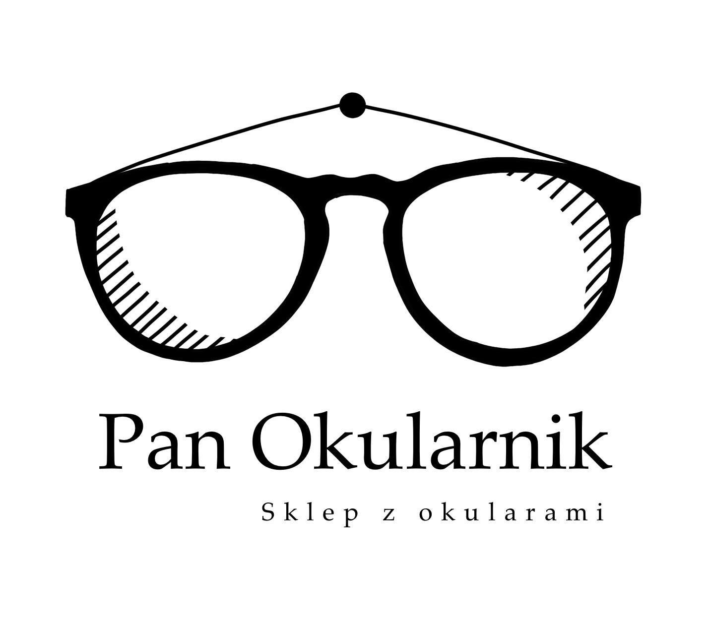 Czarno-białe logo sklepu optycznego 'Pan Okularnik' przedstawiające stylizowane okulary z kreskowanym wypełnieniem w górnej części szkieł.