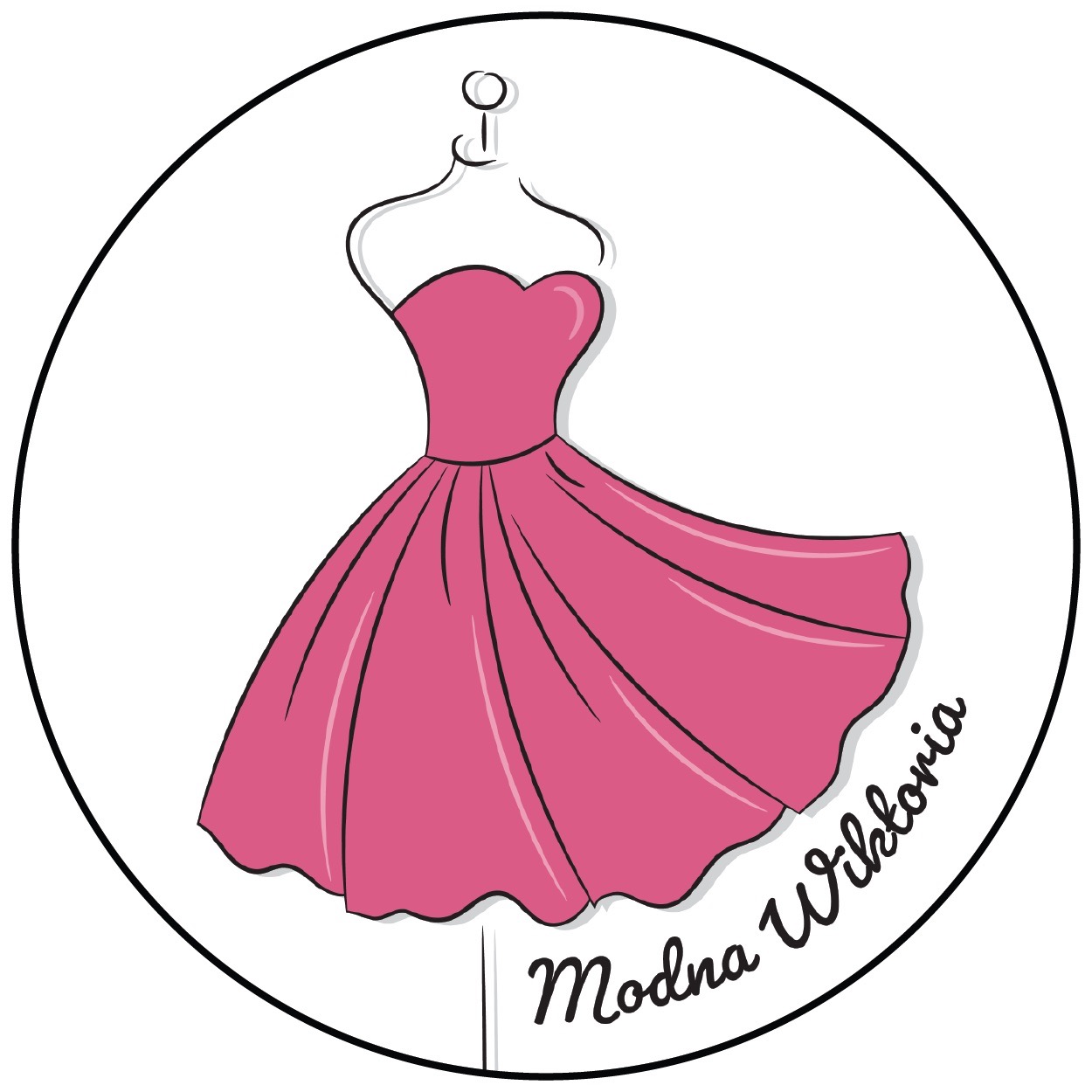 Rysunkowe logo: różowa sukienka na manekinie w okręgu, z napisem 'Modna Wiktoria' kursywą.
