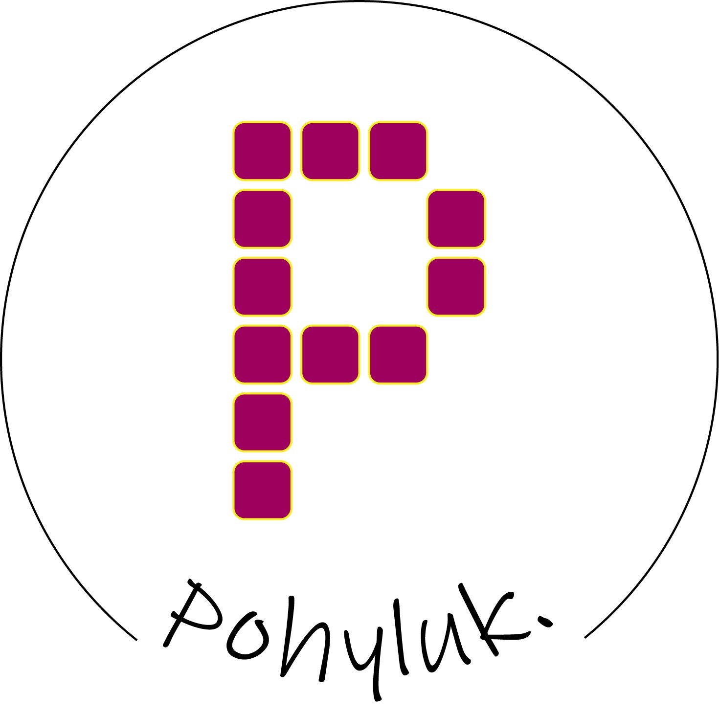 Logo firmy 'Pohyluk' przedstawiające literę P ułożoną z fioletowych kwadratów z żółtą obwódką, umieszczone w okręgu narysowanym cienką czarną linią.