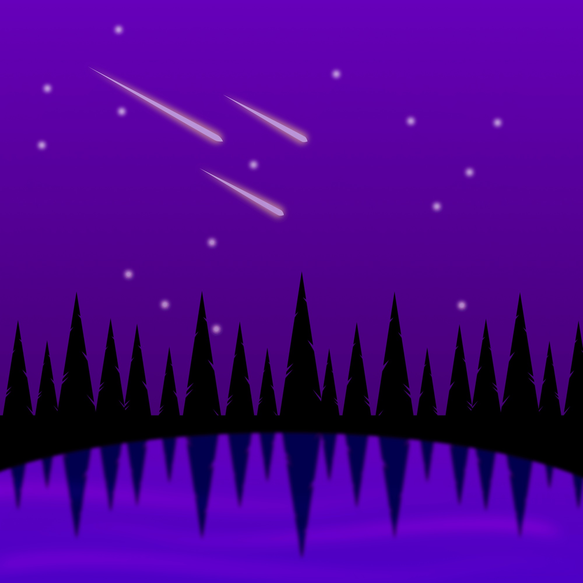 Abstrakcyjna grafika przedstawiająca sylwetki drzew na tle fioletowego nieba z kometami i gwiazdami, odbijające się w wodzie.