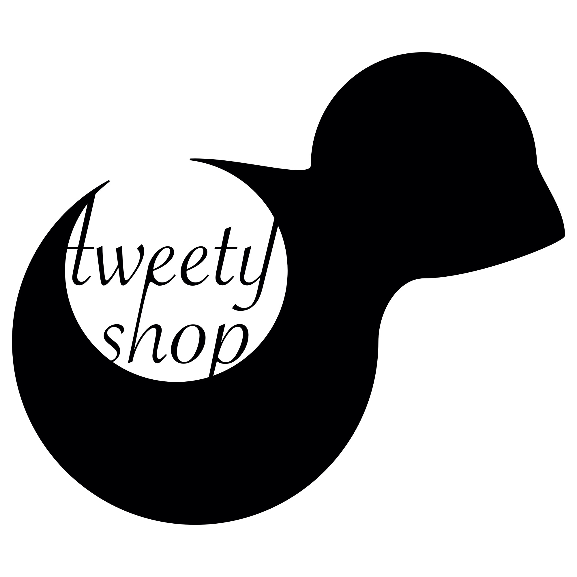Czarny, minimalistyczny logotyp przedstawiający sylwetkę ptaka z wpisaną nazwą 'Tweety shop' wewnątrz ciała, wykonany w eleganckiej czcionce.