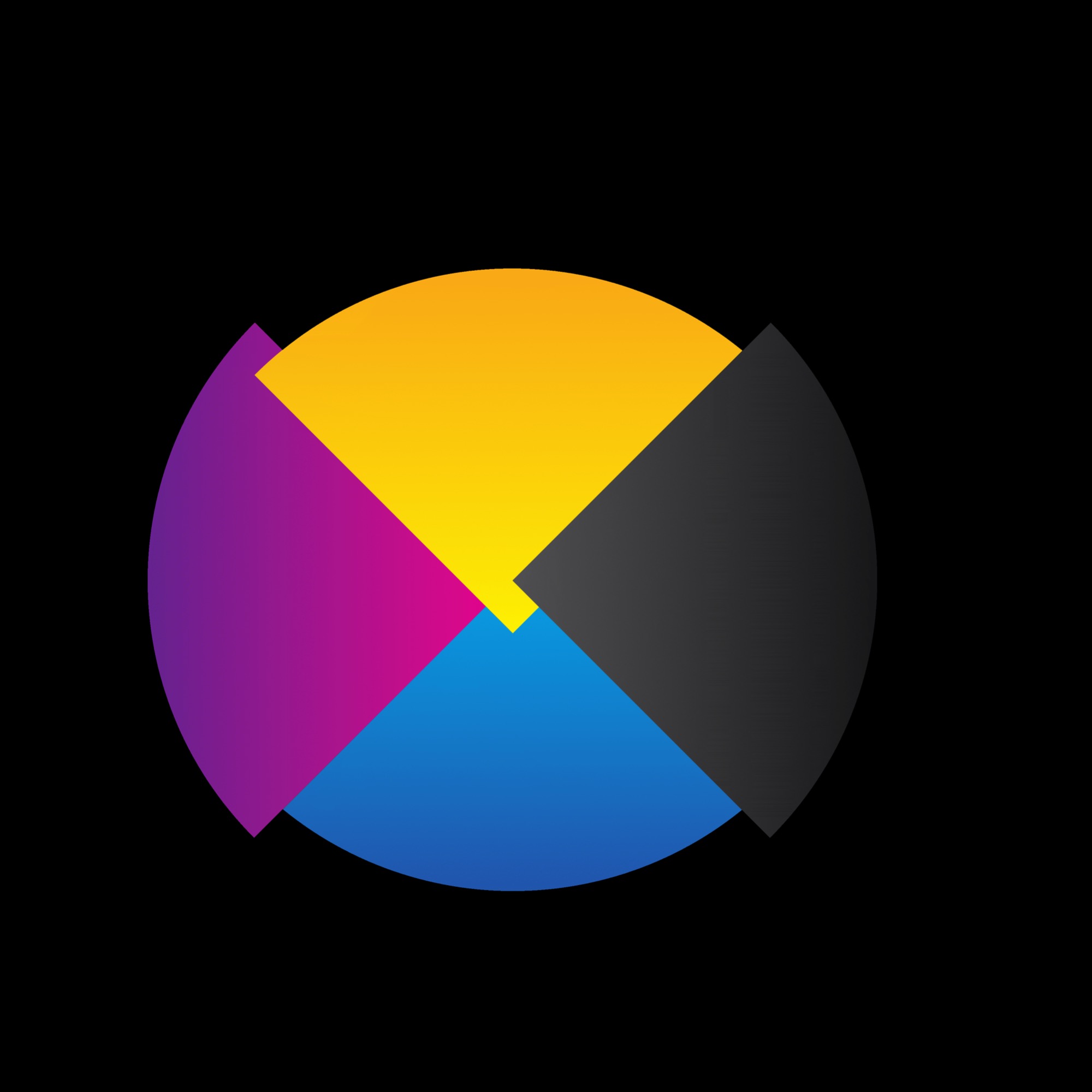 Abstrakcyjne logo w kształcie kuli podzielonej na cztery kolorowe segmenty: żółty, czarny, fioletowy i niebieski, na czarnym tle.