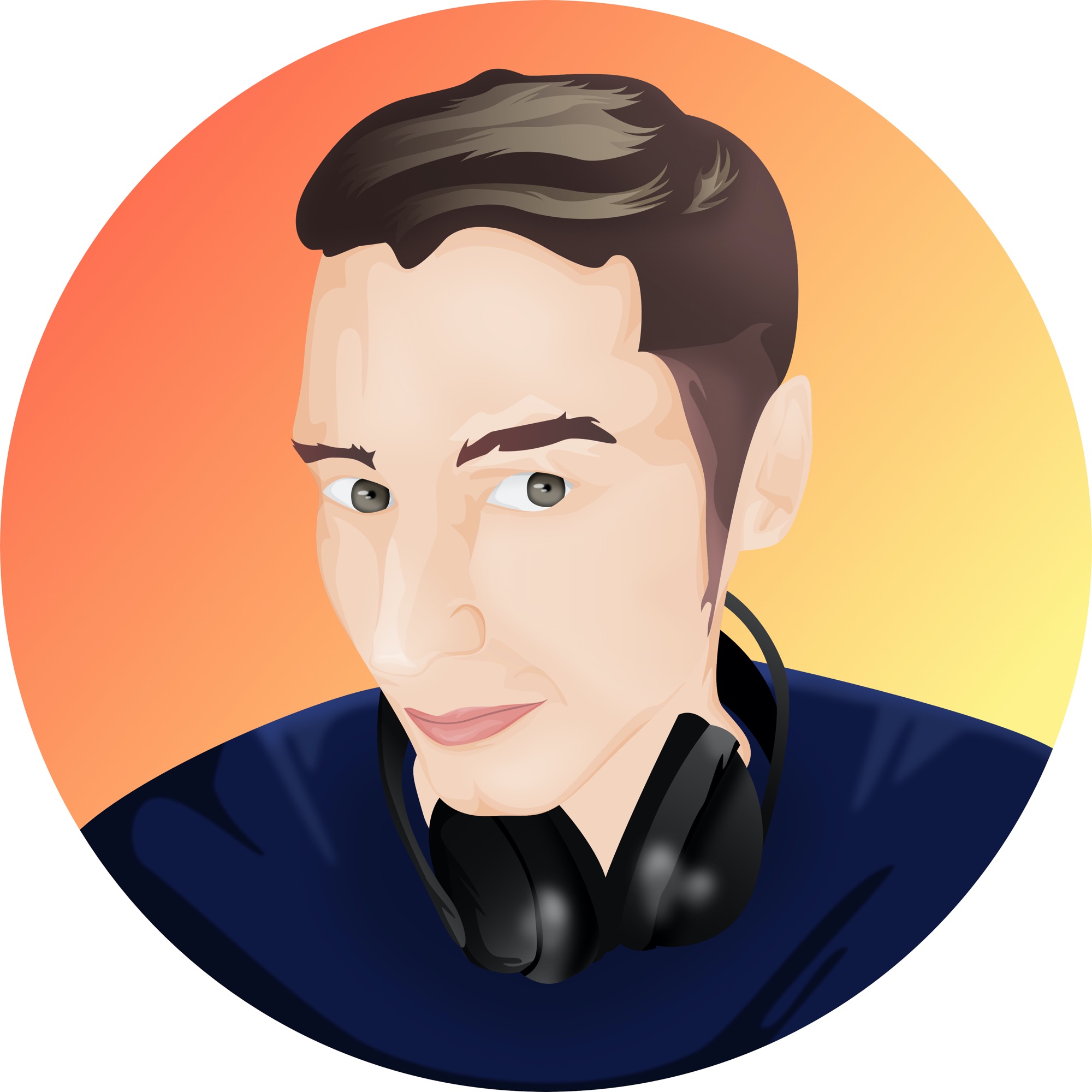 Ilustracja wektorowa przedstawiająca portret mężczyzny z słuchawkami na szyi, na pomarańczowo-żółtym tle, potencjalnie stworzona przez grafika z Gdańska.