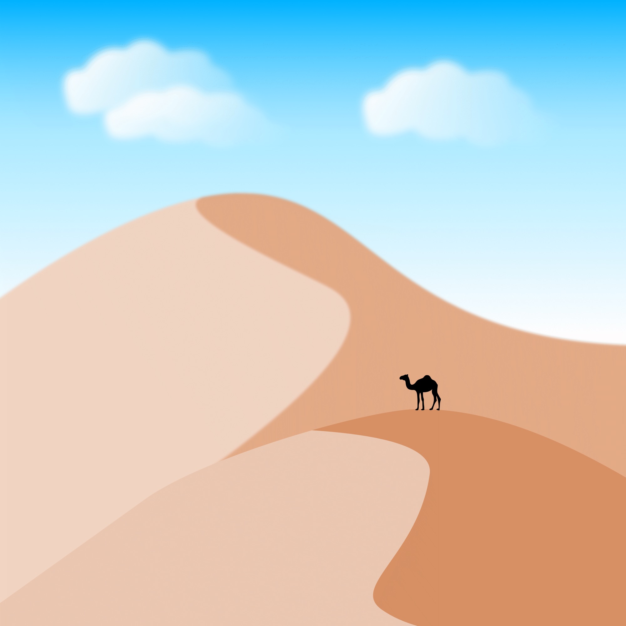 Stylizowana grafika przedstawiająca pustynny krajobraz z wydmami i sylwetką wielbłąda na tle błękitnego nieba z dwoma obłokami.