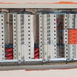 Rozdzielnica elektryczna z zabezpieczeniami i okablowaniem, zainstalowana w Brzesku, widoczne bezpieczniki Hager i SIMTEC ST30B+C 4P.