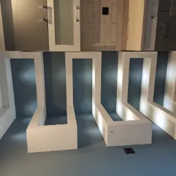 Nowoczesne oświetlenie sufitowe z białymi, geometrycznymi wnękami, podświetlonymi punktowymi lampami LED, na tle błękitnej ściany, z fragmentami zabudowy meblowej w tle.