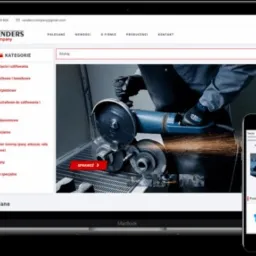Ekran laptopa i smartfona prezentujące stronę sklepu internetowego z artykułami ściernymi, w tle grafika przedstawiająca szlifierkę kątową w akcji.