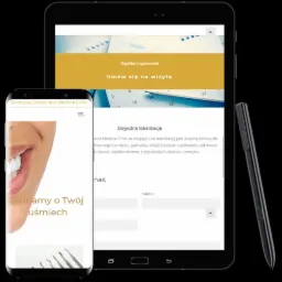 Responsywna strona internetowa kliniki dentystycznej Diamond Dental and Medical Clinic wyświetlana na smartfonie i tablecie z rysikiem Samsung, prezentująca informacje o lokalizacji i możliwości...