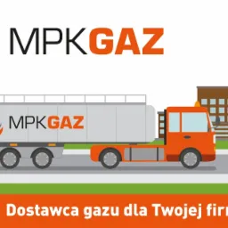 Grafika przedstawia cysternę z logo MPKGAZ na tle zakładu przemysłowego z kominami, sugerującą dostawę gazu opałowego dla firm w Płońsku.