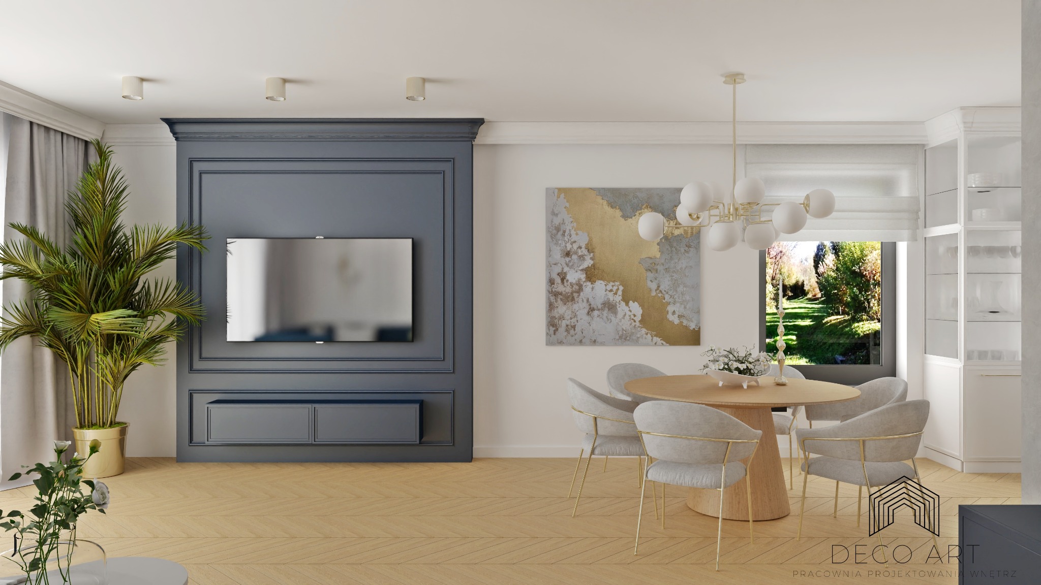 Jasne wnętrze jadalni z okrągłym drewnianym stołem, krzesłami z jasną tapicerką i złotymi nogami, nowoczesnym oświetleniem, dekoracyjną ścianą z telewizorem, obrazem w odcieniach złota i szarości...