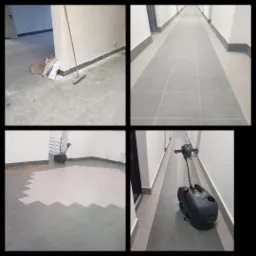 Kompozycja czterech ujęć: pomieszczenie w trakcie sprzątania z workiem zaprawy i miotłą, długi korytarz z szarymi płytkami, fragment posadzki po umyciu automatem szorującym, automat szorujący...