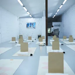 Sala do ćwiczeń z rozłożonymi matami, ręcznikami, torbami papierowymi i świecami, przygotowana do zajęć pro-zdrowotnych lub warsztatowych, z obrazami na ścianach i osobą w tle.