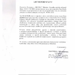 Skan listu referencyjnego od Pracowni Projektowej MIZAWA dla firmy AREA TRENING za wdrożenie przepisów RODO, z datą 20.02.2018 i pieczęcią firmy.