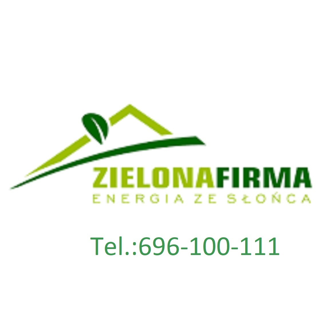 Zielone logo firmy z napisem ZIELONAFIRMA ENERGIA ZE SŁOŃCA oraz numerem telefonu.