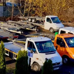 Flota pojazd&oacute;w: białe i pomarańczowe busy z przyczepami do transportu aut, zaparkowane na placu w jesiennym słońcu.