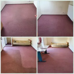 Kolaż przedstawiający pokój z bordowym dywanem przed i po czyszczeniu, widoczne różnice w kolorze i usunięcie plam.