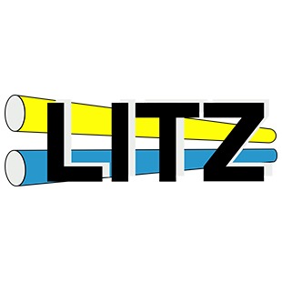 Graficzne logo firmy LITZ z dwoma cylindrycznymi elementami w kolorach żółtym i niebieskim, sugerujące rury lub kable, na białym tle.