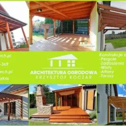 Kompozycja zdjęć przedstawiająca drewniane konstrukcje ogrodowe, w tym zadaszenia tarasów i pergole, z logo firmy 'Architektura Ogrodowa Krzysztof Koczar' oraz danymi kontaktowymi.