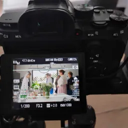 Ekran kamery Sony Alpha 7 III z widokiem na nagrywaną scenę ślubną: panna młoda w białej sukni, goście, kwiaty na stole. Ustawienia kamery: 1/200, F3.2, ISO 1000.