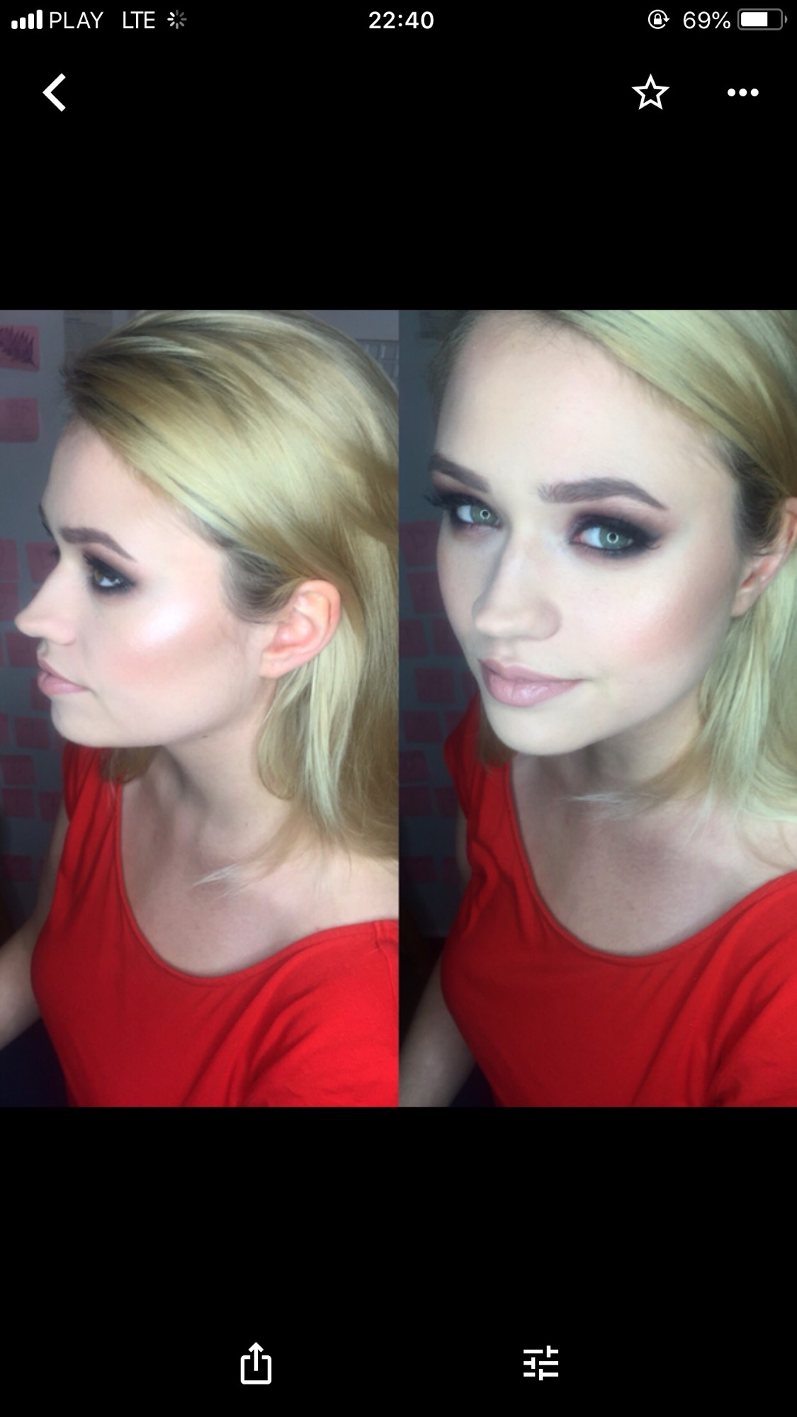 Portret kobiety z profesjonalnie wykonanym smoky eye i rozświetlonym policzkiem, prezentowany w dwóch ujęciach: z profilu i en face.