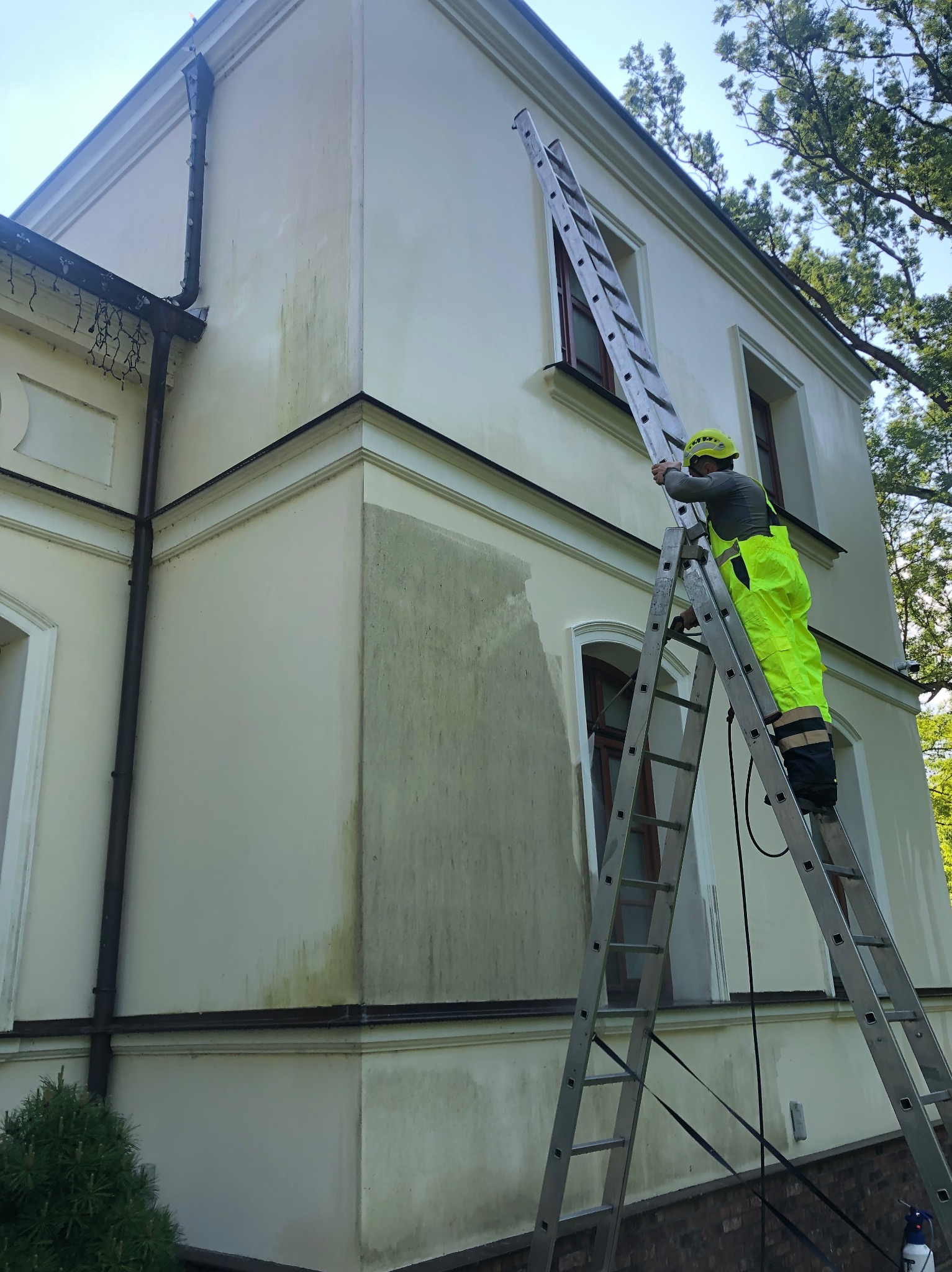 Pracownik w żółtym kombinezonie na drabinie, myjący fragment elewacji budynku. Widoczne zabrudzenia na ścianie, okna z brązowymi ramami i fragmenty zieleni.