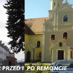 Porównanie fasady klasztoru przed i po renowacji, widoczne różnice w stanie elewacji i detali architektonicznych, z zaparkowanymi samochodami osobowymi na pierwszym planie.