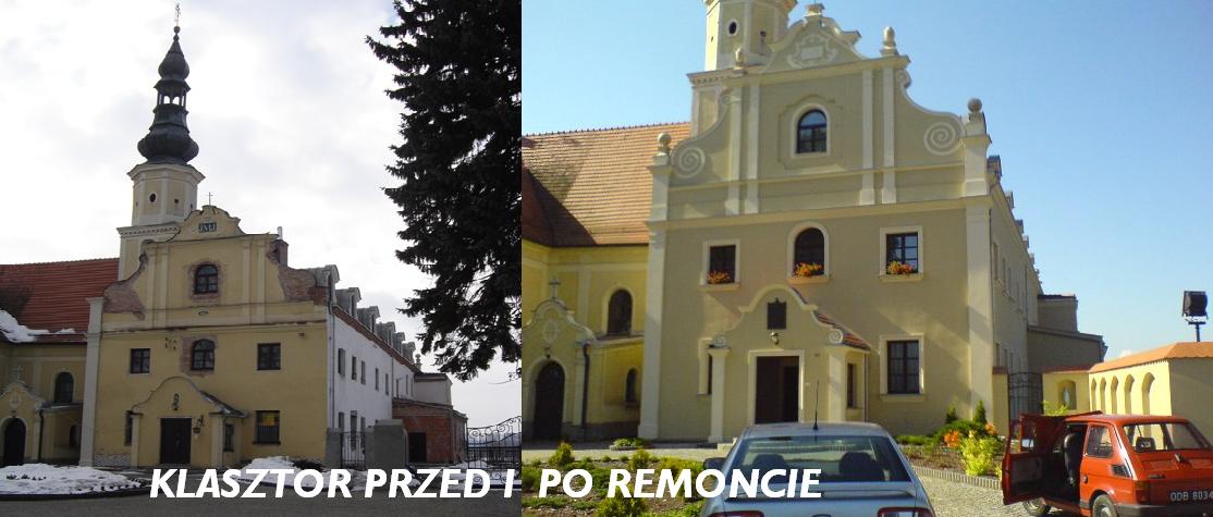 Porównanie fasady klasztoru przed i po renowacji, widoczne różnice w stanie elewacji i detali architektonicznych, z zaparkowanymi samochodami osobowymi na pierwszym planie.