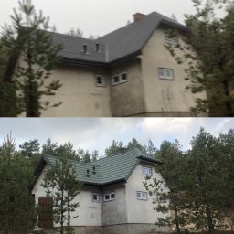 Chrzan-Dach - Porównanie dwóch zdjęć tego samego domu przed i po remoncie dachu. Na górnym zdjęciu dach jest stary, ciemny i zniszczony, a na dolnym zdjęciu dach jest nowy, zielony i wygląda na solidny.