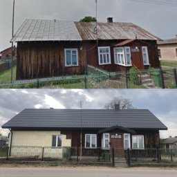 Chrzan-Dach - Zdjęcie przedstawia dom przed i po renowacji dachu, ukazując zmianę z starego, częściowo zardzewiałego pokrycia na nowe, ciemnoszare dachówki. Jedna ściana domu jest ocieplona styropianem.