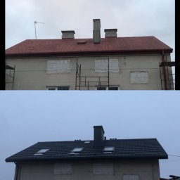 Chrzan-Dach - Dwa ujęcia budynku przed i po wymianie pokrycia. Górne zdjęcie przedstawia budynek z czerwonym dachem z blachy, widoczne rusztowania, kominy i antena. Dolne zdjęcie ukazuje budynek po wymianie...