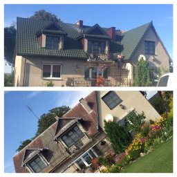 Chrzan-Dach - Dwuczęściowe ujęcie domu: górne przedstawia dom z zielonym dachem z blachodachówki i pracującym na rusztowaniu dekarzem, dolne pokazuje fragment elewacji i ogrodu z kwiatami pod innym kątem.