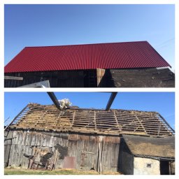 Chrzan-Dach - Dwa ujęcia tego samego budynku gospodarczego: górne przedstawia dach pokryty nową, czerwoną blachą trapezową, dolne pokazuje konstrukcję dachu przed wymianą pokrycia, z widocznymi belkami...