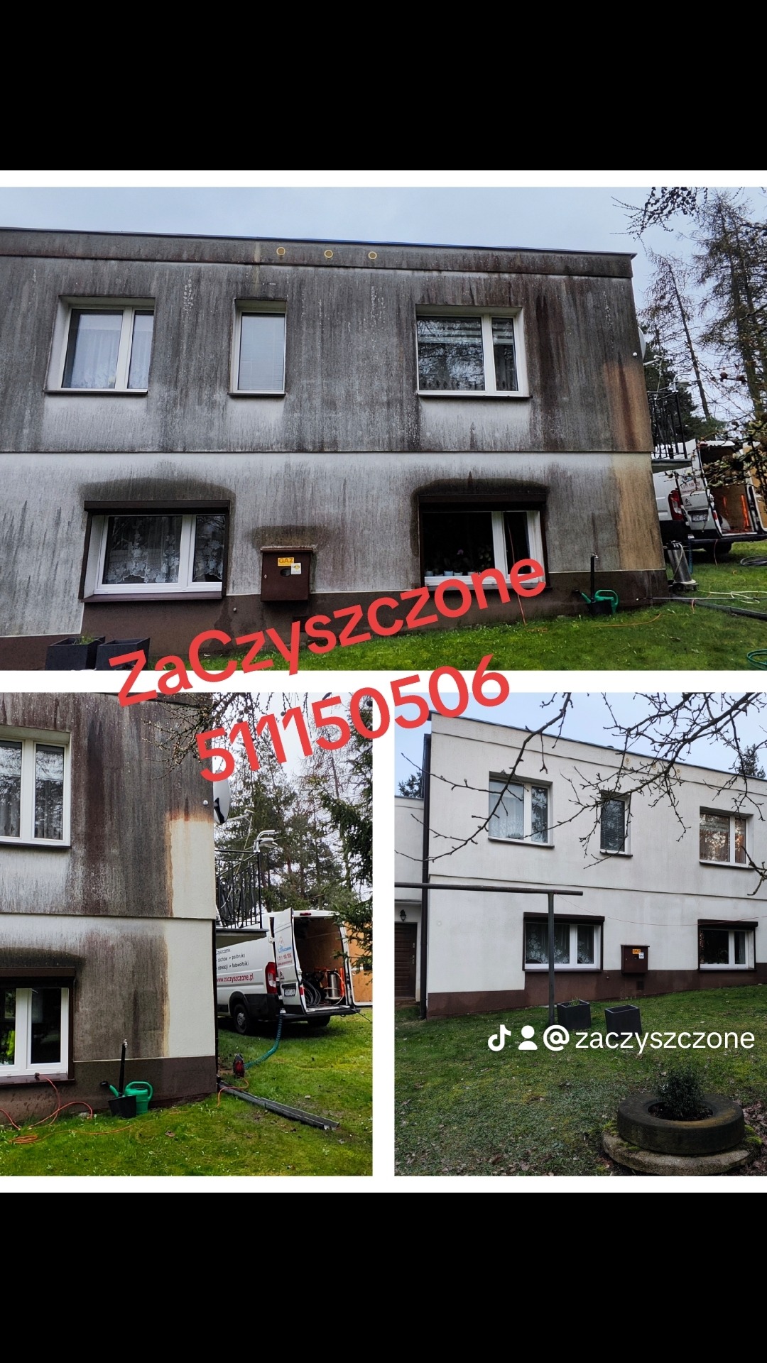 Porównanie stanu elewacji bloku przed i po czyszczeniu, widoczny biały bus firmy z otwartymi drzwiami i sprzętem do czyszczenia elewacji, zielony trawnik.