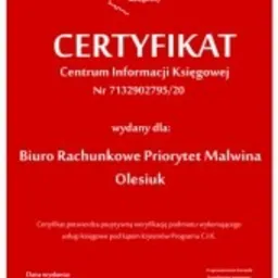 Czerwony certyfikat Centrum Informacji Księgowej wydany dla Biura Rachunkowego Priorytet Malwina Olesiuk, z datą wydania 18.09.2020.
