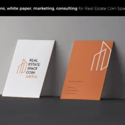 Dwie wizytówki firmy Real Estate Coin Space, jedna biała z logo i nazwą w kolorze miedzianym, druga miedziana z białym logo, ustawione pod kątem na szarym tle, w prawym dolnym rogu logo agencji...