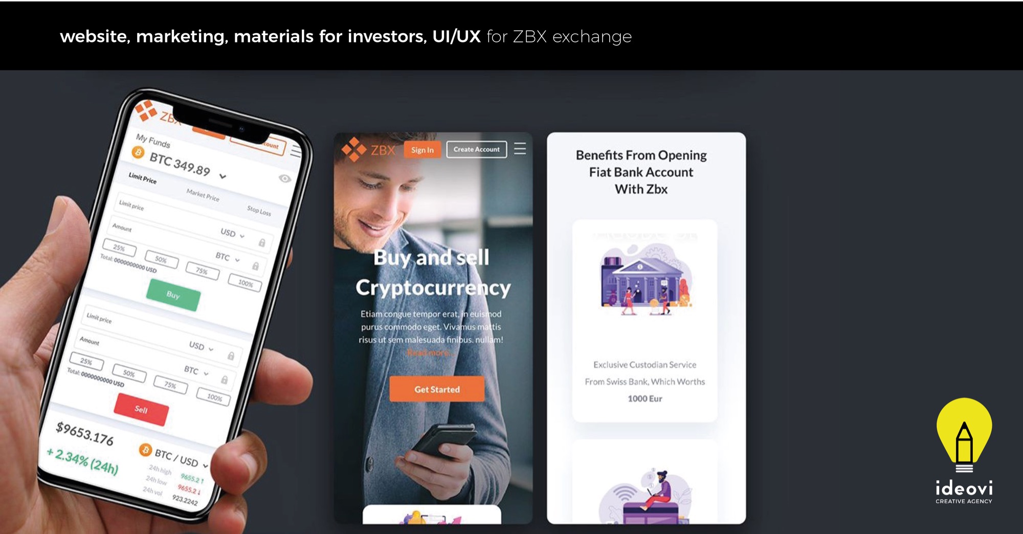 Ekran smartfona w dłoni prezentujący interfejs aplikacji ZBX do kupna i sprzedaży kryptowalut, obok grafika z hasłem 'Buy and sell Cryptocurrency' oraz informacja o korzyściach z otwarcia konta...