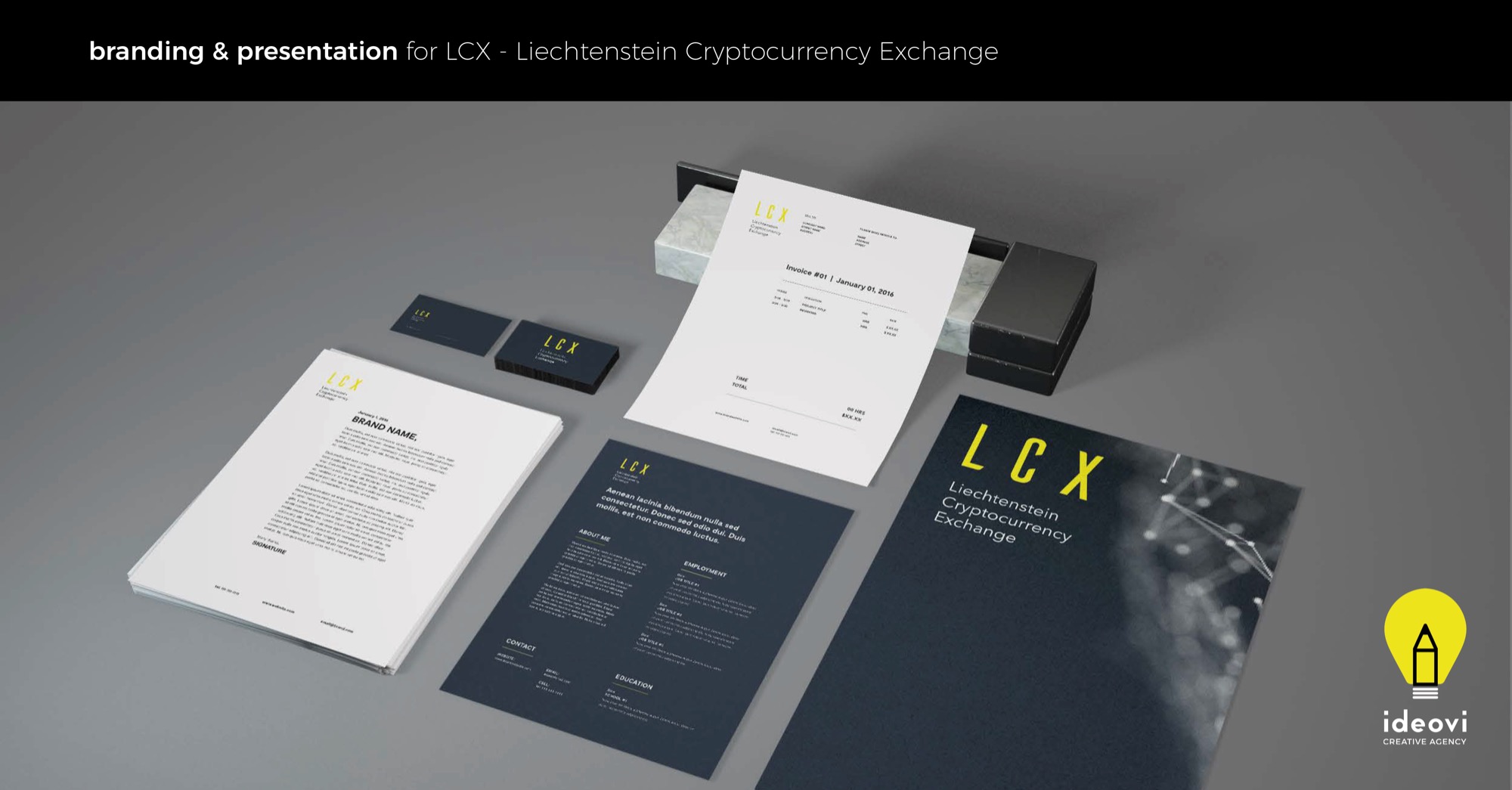 Komplet materiałów firmowych LCX: wizytówki, papier firmowy, faktura, ulotka informacyjna i pudełko, ułożone na szarym tle, prezentujące identyfikację wizualną firmy.